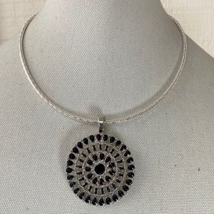 Large silvertone black medallion style necklace